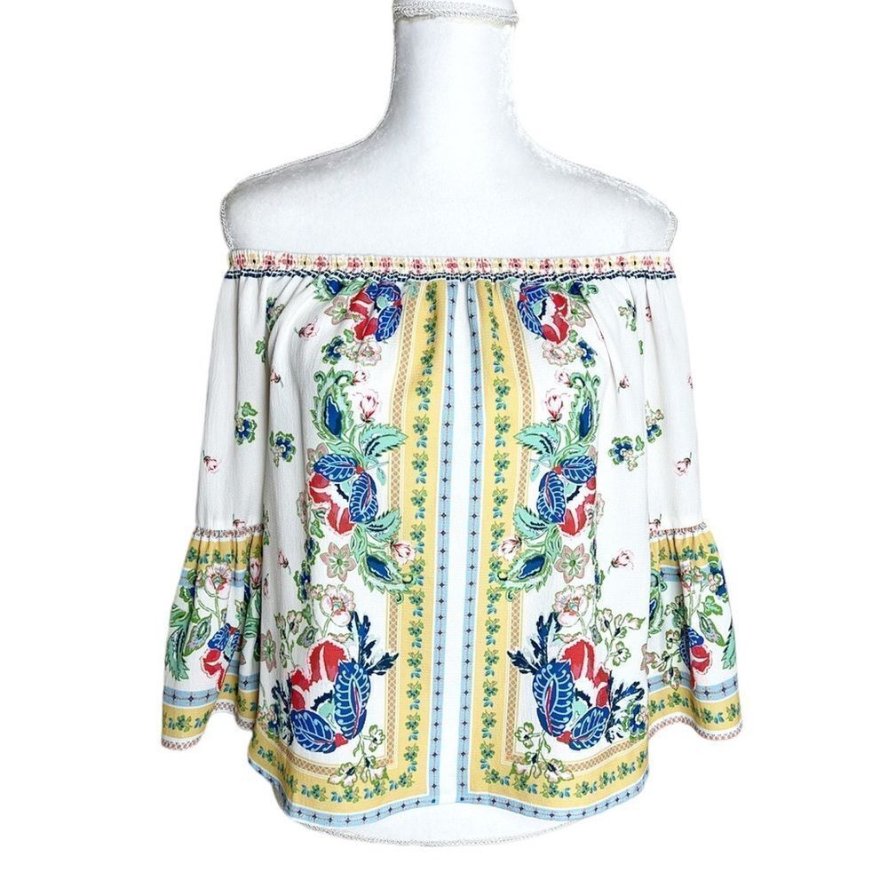 Jealous Tomato White Floral Off Shoulder Flounce Crepe Top Bell Sleeves Small